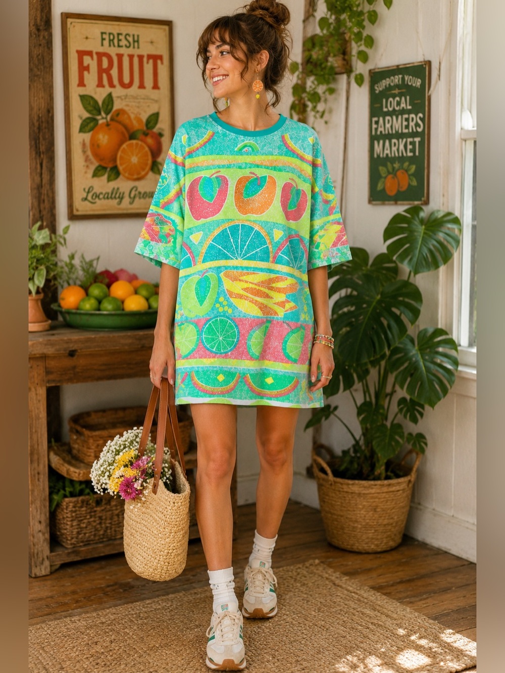 VTG 90s SSP Segrets Fruit Print T Shirt and or Mini Dress Made Canada M Novelty